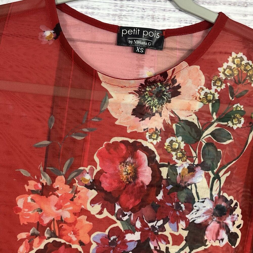 Petit Pois by Viviana G Shirt Women’s XS Red Floral Mesh Sheer Long Sleeve Y2K